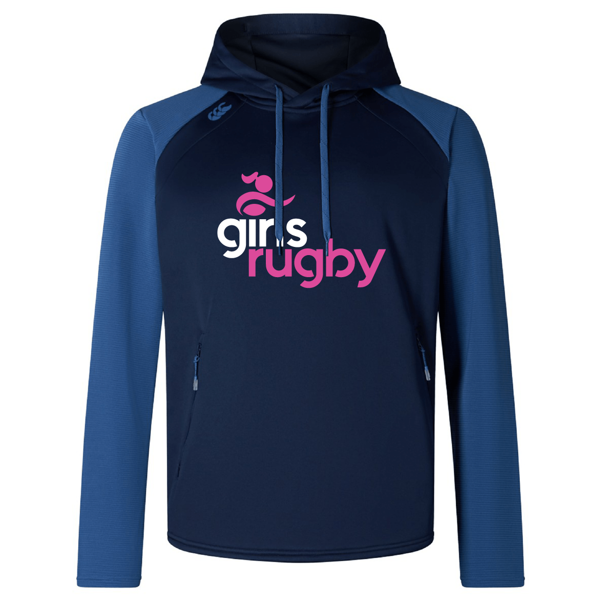 The Girls Rugby Elite Training Hoody by WRS Canterbury combines performance and comfort. This navy and blue sweatshirt, adorned with "girls rugby" in pink and white, crafted from premium fabrics, ensures both style and functionality.