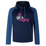 The Girls Rugby Elite Training Hoody by WRS Canterbury combines performance and comfort. This navy and blue sweatshirt, adorned with "girls rugby" in pink and white, crafted from premium fabrics, ensures both style and functionality.