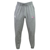 The Girls Rugby Leisure Sweatpant by EMB Canterbury features gray organic cotton with a drawstring waist, elastic cuffs, a small white logo on the left thigh, and a pink "girls rugby" print on the right thigh.