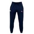 Navy blue Girls Rugby Leisure Sweatpant by EMB Canterbury, made of organic cotton, includes a drawstring waist and features a white logo on the left thigh with a pink "Girls Rugby" logo on the right thigh.