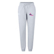 The Girls Rugby Women's Leisure Sweatpant by EMB Canterbury features a drawstring waist, tapered legs, and a pink and navy "girls rugby" logo on the right front hip, made from comfortable organic cotton.