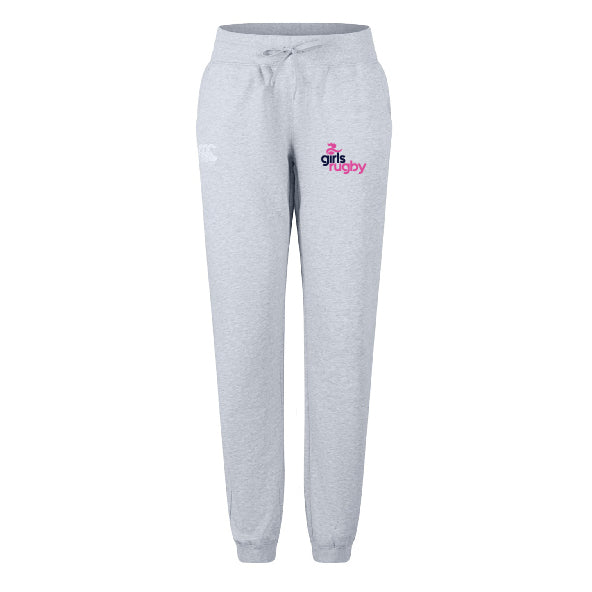 The Girls Rugby Women's Leisure Sweatpant by EMB Canterbury features a drawstring waist, tapered legs, and a pink and navy "girls rugby" logo on the right front hip, made from comfortable organic cotton.