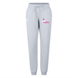 The Girls Rugby Women's Leisure Sweatpant by EMB Canterbury combines comfort and style with organic cotton, a pink "Girls Rugby" logo, a white emblem, a drawstring waistband, elastic cuffs, and the iconic Canterbury logo.
