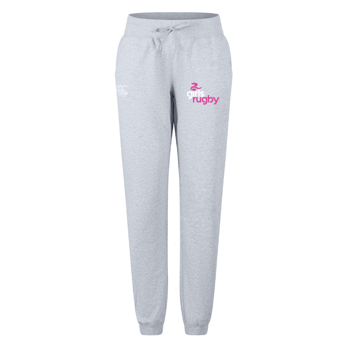 The Girls Rugby Women's Leisure Sweatpant by EMB Canterbury combines comfort and style with organic cotton, a pink "Girls Rugby" logo, a white emblem, a drawstring waistband, elastic cuffs, and the iconic Canterbury logo.