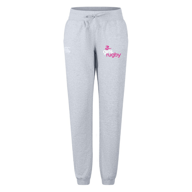 The Girls Rugby Women's Leisure Sweatpant by EMB Canterbury combines comfort and style with organic cotton, a pink "Girls Rugby" logo, a white emblem, a drawstring waistband, elastic cuffs, and the iconic Canterbury logo.
