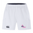The Girls Rugby Advantage Short 2.0 by EMB Canterbury, crafted from recycled materials, features an elastic waistband and sports a pink and blue "girls rugby" logo with a black logo on white shorts, blending performance and sustainability seamlessly.