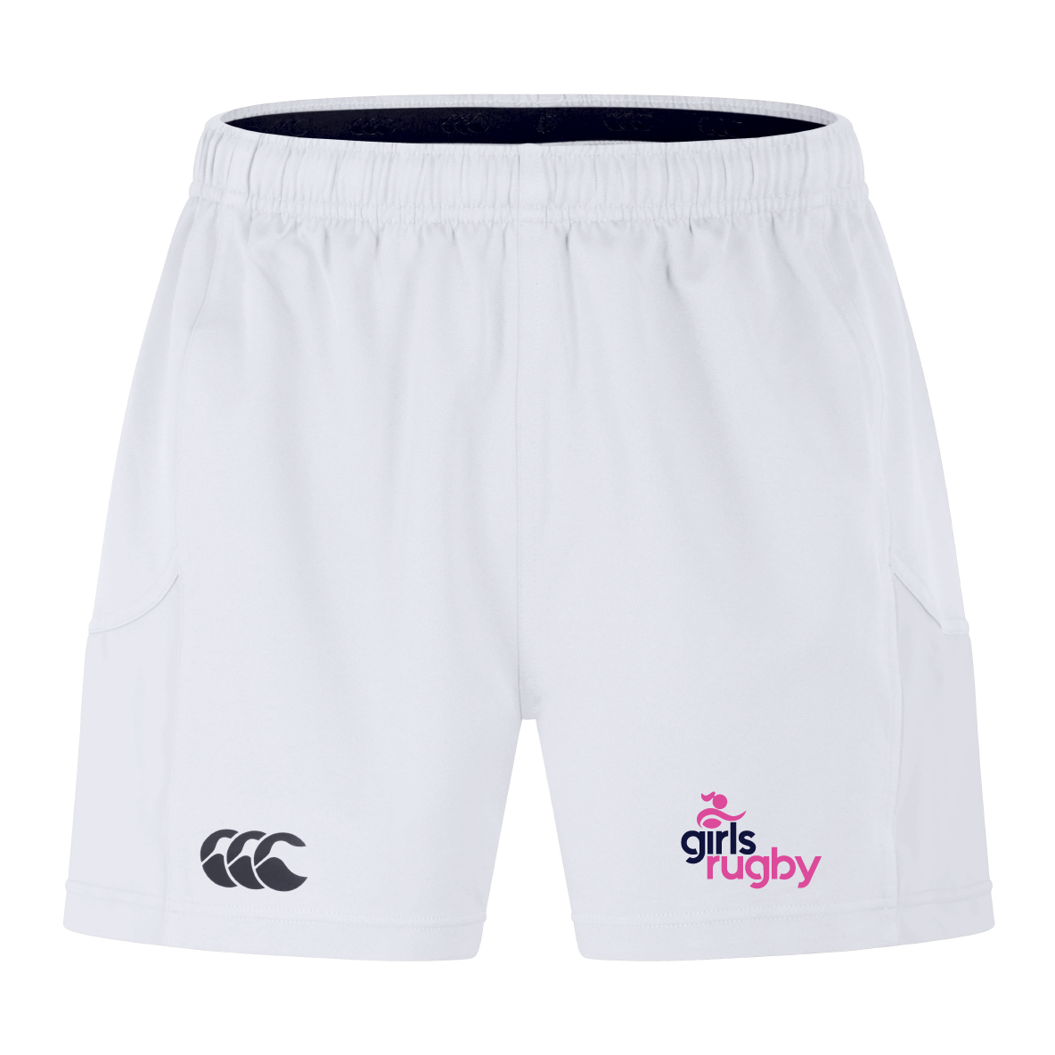 The Girls Rugby Advantage Short 2.0 by EMB Canterbury, crafted from recycled materials, features an elastic waistband and sports a pink and blue "girls rugby" logo with a black logo on white shorts, blending performance and sustainability seamlessly.