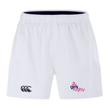 The Girls Rugby Advantage Short 2.0 by EMB Canterbury, crafted from recycled materials, features an elastic waistband and sports a pink and blue "girls rugby" logo with a black logo on white shorts, blending performance and sustainability seamlessly.