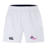 The Girls Rugby Advantage Short 2.0 by EMB Canterbury, crafted from recycled materials, features an elastic waistband and sports a pink and blue "girls rugby" logo with a black logo on white shorts, blending performance and sustainability seamlessly.