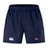 The Girls Rugby Advantage Short 2.0 by EMB Canterbury in navy blue boasts "girls rugby" and a logo on the front. Designed for peak performance, they feature an elastic waistband, side pockets, and are made with recycled content for eco-friendly athletes.