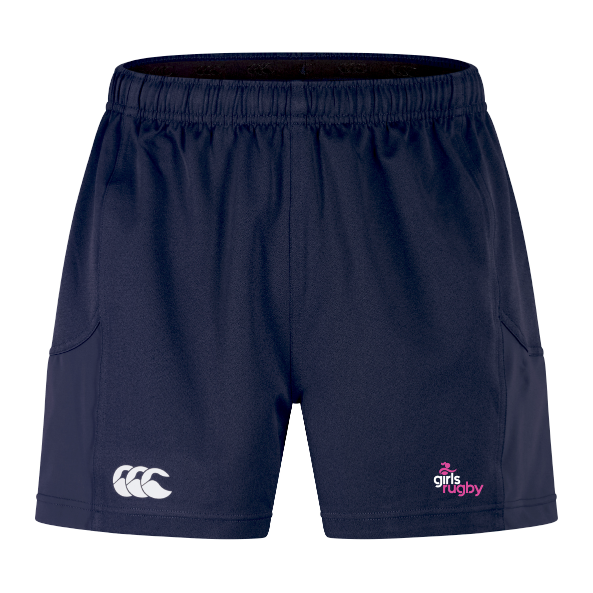 The Girls Rugby Advantage Short 2.0 by EMB Canterbury in navy blue boasts "girls rugby" and a logo on the front. Designed for peak performance, they feature an elastic waistband, side pockets, and are made with recycled content for eco-friendly athletes.