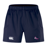 The Girls Rugby Advantage Short 2.0 by EMB Canterbury in navy blue boasts "girls rugby" and a logo on the front. Designed for peak performance, they feature an elastic waistband, side pockets, and are made with recycled content for eco-friendly athletes.