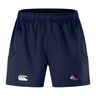 The Girls Rugby Advantage Short 2.0 by EMB Canterbury in navy blue boasts "girls rugby" and a logo on the front. Designed for peak performance, they feature an elastic waistband, side pockets, and are made with recycled content for eco-friendly athletes.