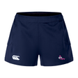 Elevate your performance with the Girls Rugby Women's Advantage Short 2.0 by EMB Canterbury. These navy shorts feature dual side logos, a white triple arc, and a pink "girls rugby" text with a crown, combining style and sustainable craftsmanship in every stitch.