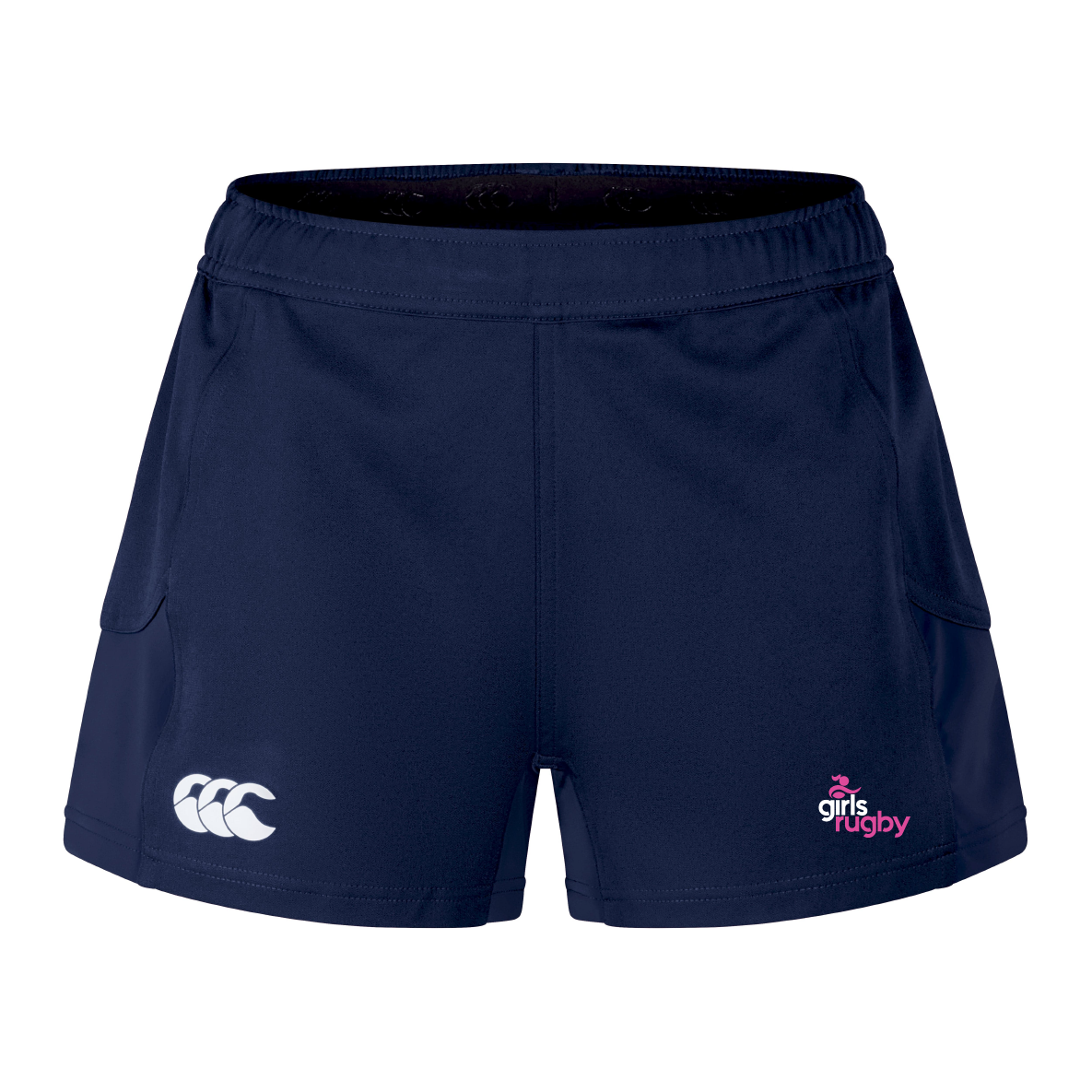 Elevate your performance with the Girls Rugby Women's Advantage Short 2.0 by EMB Canterbury. These navy shorts feature dual side logos, a white triple arc, and a pink "girls rugby" text with a crown, combining style and sustainable craftsmanship in every stitch.