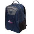 The Girls Rugby Medium Backpack by EMB Canterbury is navy blue, made from durable polyester, and features a "girls rugby" logo. It includes adjustable straps, a side mesh pocket, multiple zip compartments, and Vaposhield technology for water resistance.