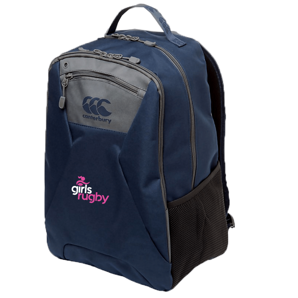 The Girls Rugby Medium Backpack by EMB Canterbury is navy blue, made from durable polyester, and features a "girls rugby" logo. It includes adjustable straps, a side mesh pocket, multiple zip compartments, and Vaposhield technology for water resistance.