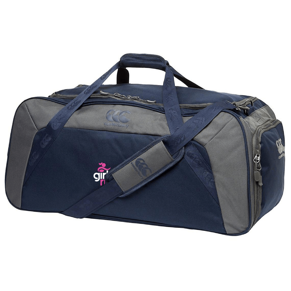 The Girls Rugby Holdall Duffle Bag by EMB Canterbury is a navy and gray marvel with side pockets and an adjustable shoulder strap. Its water-repellent fabric keeps your belongings dry, making it as practical as it is stylish.