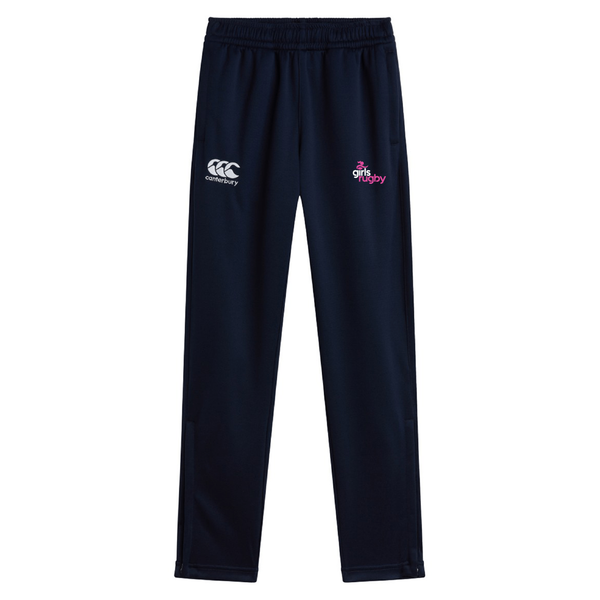 The Girls Rugby Stretch Tapered Pant by EMB Canterbury is navy blue with quick dry fabric, features an elastic waistband, a logo on the left thigh, and a "girls rugby" emblem on the right, providing comfort and style for every athletic endeavor.