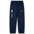 The Girls Rugby Cuffed Hem Stadium Pant by EMB Canterbury features a blue design with the iconic logo on the right thigh and left hip, an elastic waist, and cuffed hems for a snug fit.
