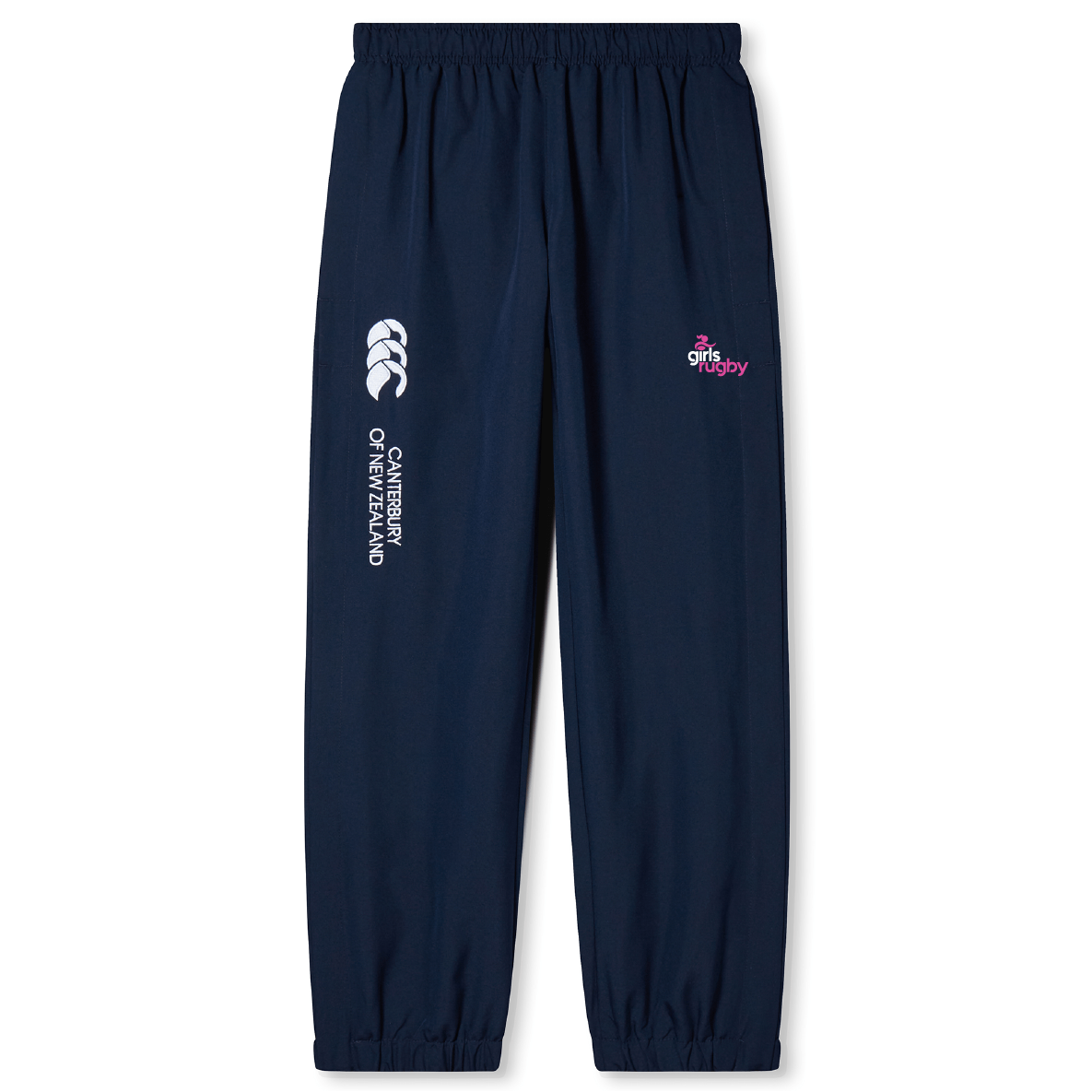 The Girls Rugby Cuffed Hem Stadium Pant by EMB Canterbury features a blue design with the iconic logo on the right thigh and left hip, an elastic waist, and cuffed hems for a snug fit.