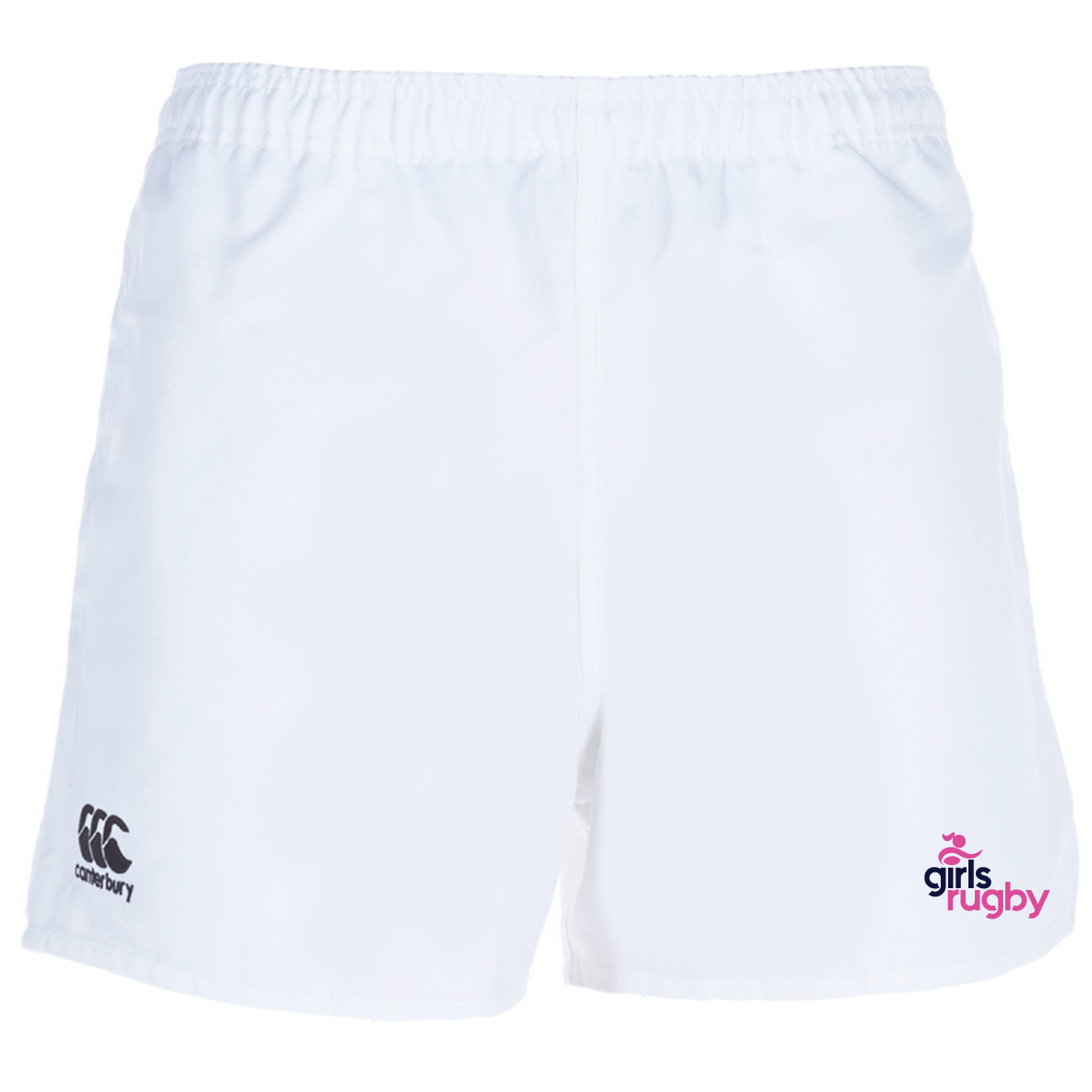 The Girls Rugby Advantage Rugby Shorts by EMB Canterbury feature moisture-wicking fabric with an elastic waistband. The Canterbury logo is on the left, while the "girls rugby" logo is on the right, offering comfort and style for active use.