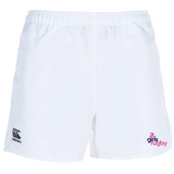 The Girls Rugby Advantage Rugby Shorts by EMB Canterbury feature moisture-wicking fabric with an elastic waistband. The Canterbury logo is on the left, while the "girls rugby" logo is on the right, offering comfort and style for active use.