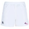 The Girls Rugby Advantage Rugby Shorts by EMB Canterbury feature moisture-wicking fabric with an elastic waistband. The Canterbury logo is on the left, while the "girls rugby" logo is on the right, offering comfort and style for active use.