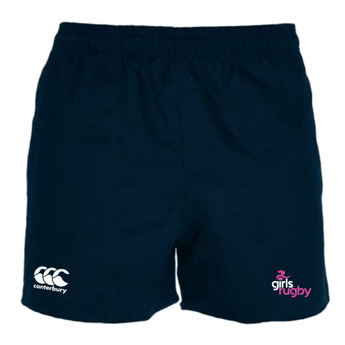 These Girls Rugby Professional Polyester Rugby Shorts by EMB Canterbury are navy blue with an elastic waistband and feature the brand's logo on the left leg, along with a "girls rugby" emblem on the right.