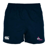 These Girls Rugby Professional Polyester Rugby Shorts by EMB Canterbury are navy blue with an elastic waistband and feature the brand's logo on the left leg, along with a "girls rugby" emblem on the right.
