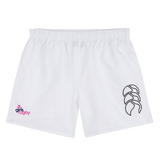 The Girls Rugby Tactic Short by EMB Canterbury features an embroidered black logo on the right and a colorful "Girls Rugby" logo on the left, all with an elasticated waistband for optimal comfort and fit.