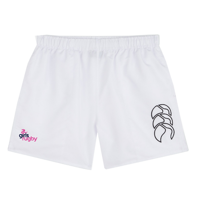 The Girls Rugby Tactic Short by EMB Canterbury features an embroidered black logo on the right and a colorful "Girls Rugby" logo on the left, all with an elasticated waistband for optimal comfort and fit.