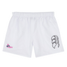 The Girls Rugby Tactic Short by EMB Canterbury features an embroidered black logo on the right and a colorful "Girls Rugby" logo on the left, all with an elasticated waistband for optimal comfort and fit.