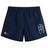 Navy blue Girls Rugby Tactic Short by EMB Canterbury with an elastic waistband, featuring a logo of three white rugby balls and a pink "Girls Rugby" emblem on one leg.