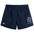Navy blue Girls Rugby Tactic Short by EMB Canterbury with an elastic waistband, featuring a logo of three white rugby balls and a pink "Girls Rugby" emblem on one leg.