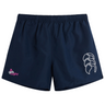 Navy blue Girls Rugby Tactic Short by EMB Canterbury with an elastic waistband, featuring a logo of three white rugby balls and a pink "Girls Rugby" emblem on one leg.