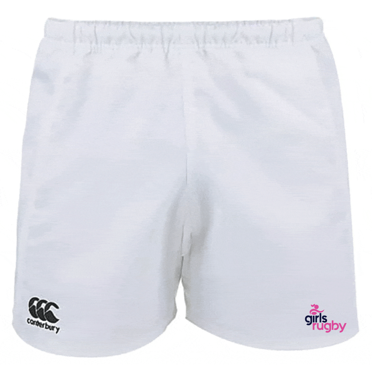 The Girls Rugby Professional Polyester Rugby Shorts by EMB Canterbury are white, showcasing the Canterbury logo and celebrating girls' rugby.