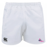 The Girls Rugby Professional Polyester Rugby Shorts by EMB Canterbury are white, showcasing the Canterbury logo and celebrating girls' rugby.