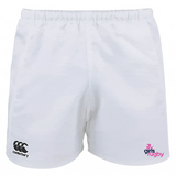 The Girls Rugby Player's Drill Short by EMB Canterbury are white, made from recycled fabric, and feature a black Canterbury logo on the left leg with a pink "girls rugby" logo on the right. These sustainable shorts offer comfort and style for athletes.