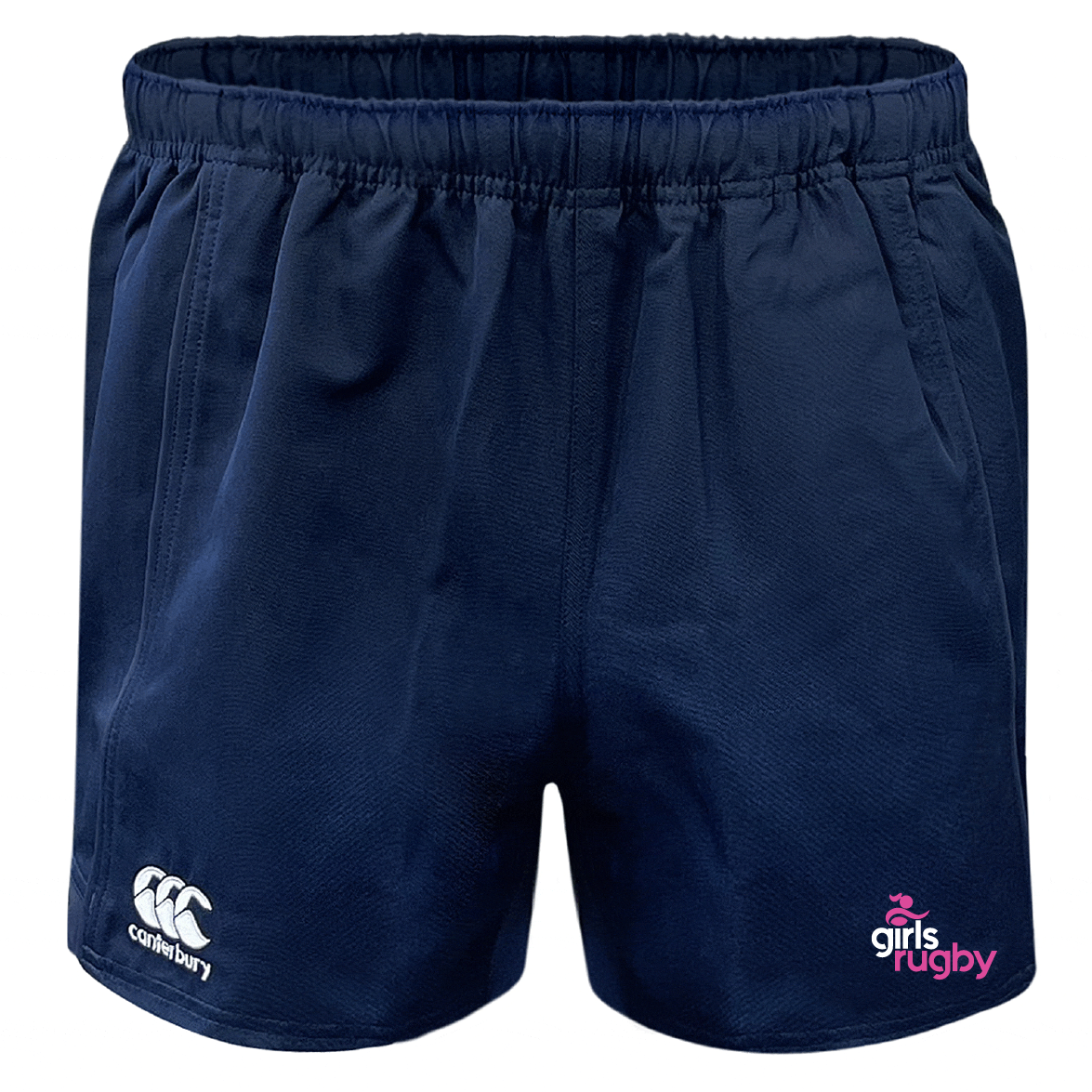 The Girls Rugby Advantage Rugby Shorts by EMB Canterbury are navy blue with an elastic waistband, featuring moisture-wicking fabric and two logos: Canterbury and Girls Rugby on the front.