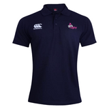 The Girls Rugby Waimak Polo by EMB Canterbury is navy blue with a "girls rugby" chest logo and the iconic Canterbury logo on the right. Crafted from a comfy cotton-polyester blend, it's ideal for casual wear and sporting events.