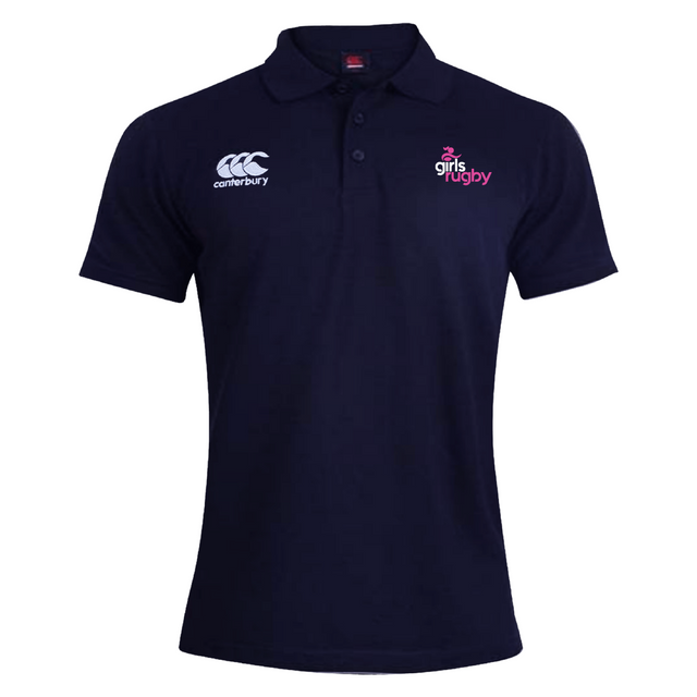 The Girls Rugby Waimak Polo by EMB Canterbury is navy blue with a "girls rugby" chest logo and the iconic Canterbury logo on the right. Crafted from a comfy cotton-polyester blend, it's ideal for casual wear and sporting events.