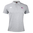 The Girls Rugby Waimak Polo by EMB Canterbury features a light grey design, three-button collar, Canterbury logo on the right chest, and "Girls Rugby" logo on the left chest.