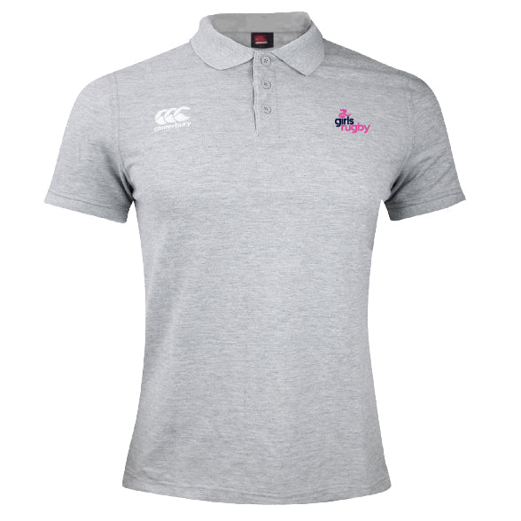 The Girls Rugby Waimak Polo by EMB Canterbury features a light grey design, three-button collar, Canterbury logo on the right chest, and "Girls Rugby" logo on the left chest.