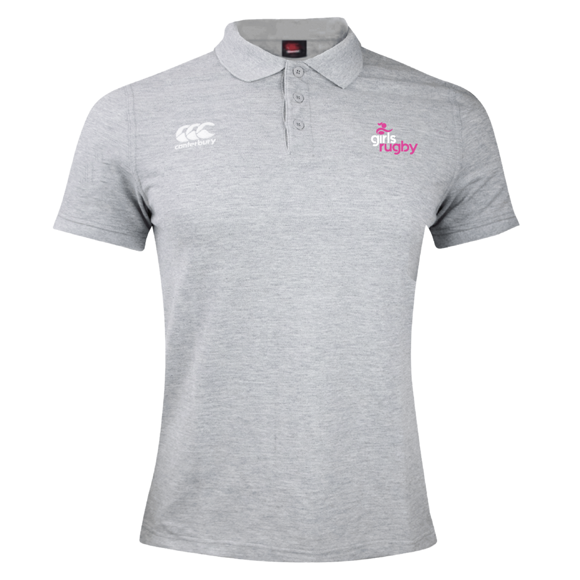The Girls Rugby Waimak Polo by EMB Canterbury features a stylish gray cotton polyester blend with a white Canterbury logo on the left chest and pink "girls rugby" text on the right.