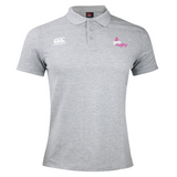 The Girls Rugby Waimak Polo by EMB Canterbury features a stylish gray cotton polyester blend with a white Canterbury logo on the left chest and pink "girls rugby" text on the right.