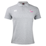 The Girls Rugby Waimak Polo by EMB Canterbury features a stylish gray cotton polyester blend with a white Canterbury logo on the left chest and pink "girls rugby" text on the right.