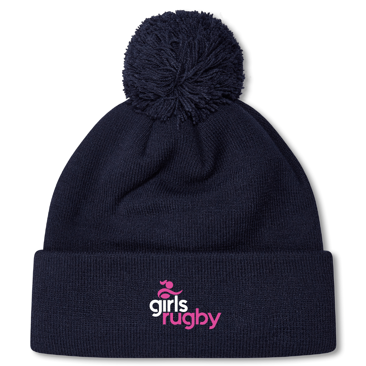 The Girls Rugby Pom Pom Beanie by Canterbury, featuring a navy blue knit design with a pom-pom and the "girls rugby" logo in pink and white on the cuff, is perfect for chilly days. Brand: EMB Canterbury.