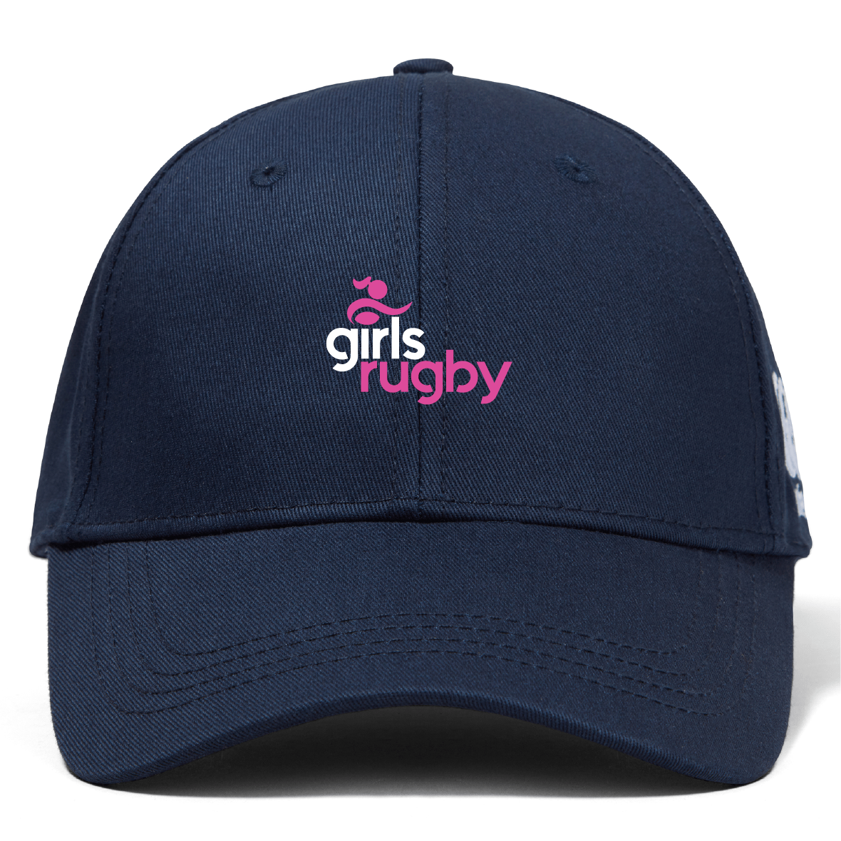 The Girls Rugby Flexfit Drill Cap by Canterbury from EMB Canterbury is a dark blue cap with a curved brim, featuring an embroidered "girls rugby" logo in pink and white on the front.
