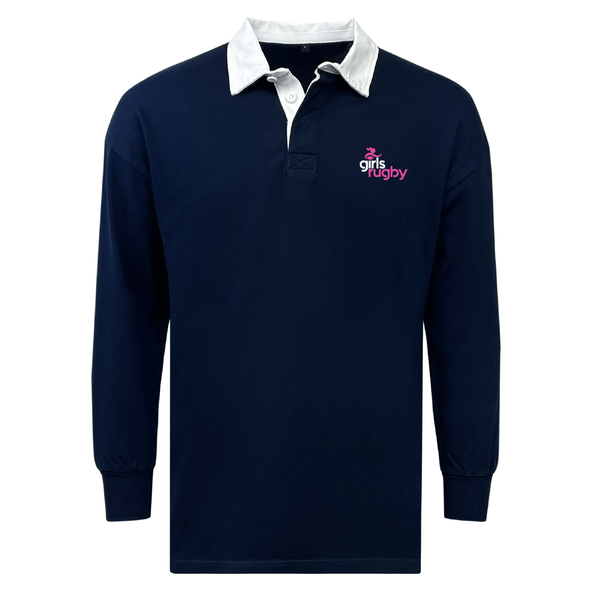 The EMB Mudoo Girls Rugby Classic Long Sleeve Solid Rugby Jersey features a navy blue design with a white collar and "girls rugby" logo. Made from a cotton/poly blend, it ensures ultimate fan comfort.